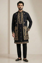 Black Satin Embroidered Jacket Indo Western Set