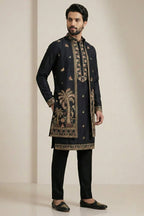 Black Satin Embroidered Jacket Indo Western Set