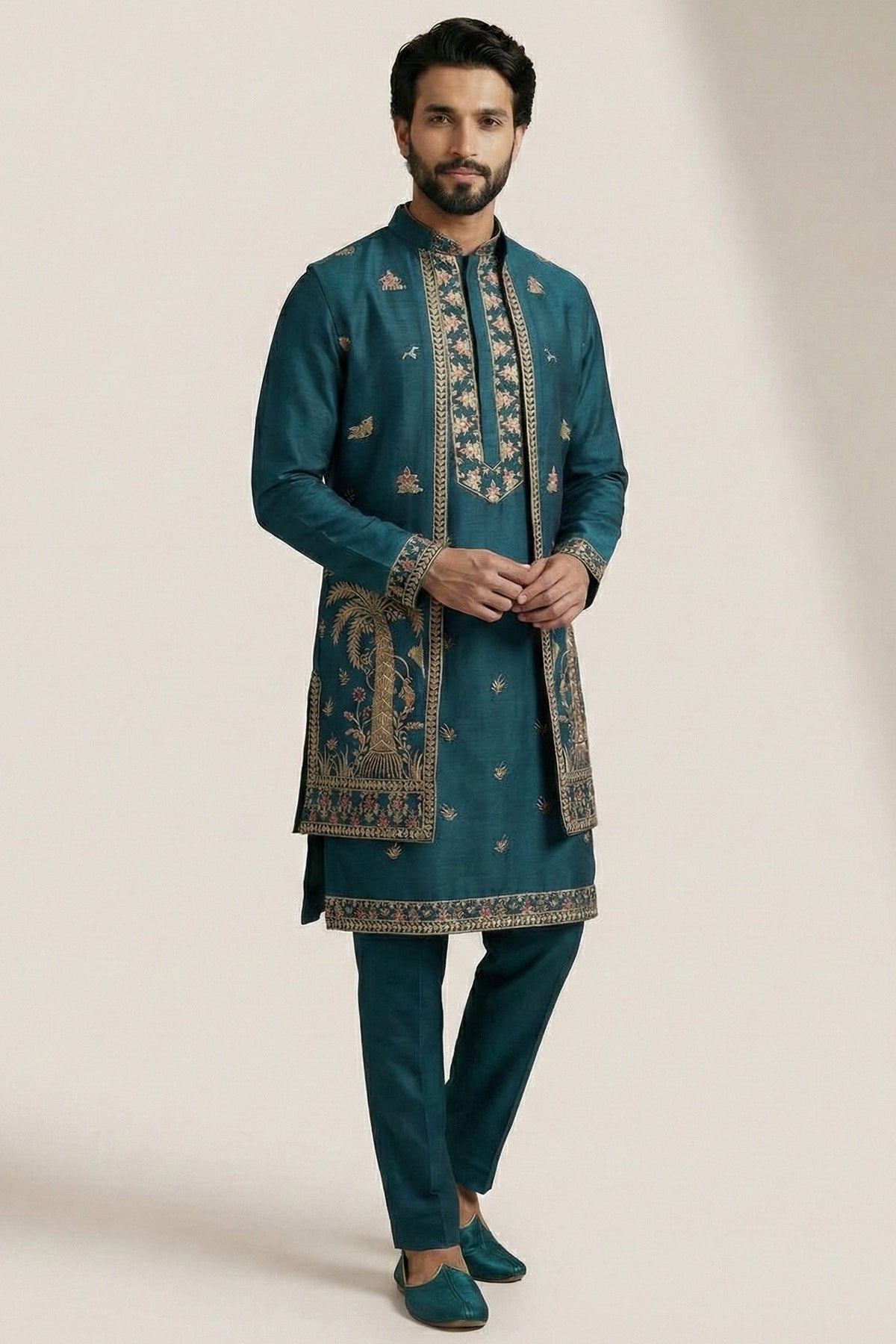 Rama Blue Satin Embroidered Jacket Indo Western Set