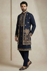 Blue Satin Embroidered Jacket Indo Western Set