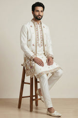 Pearl White Satin Embroidered Jacket Indo Western Set
