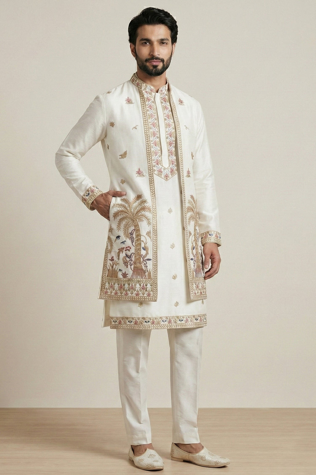 Pearl White Satin Embroidered Jacket Indo Western Set