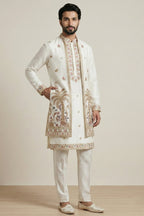 Pearl White Satin Embroidered Jacket Indo Western Set