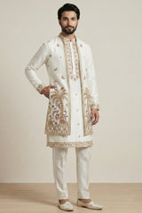 Pearl White Satin Embroidered Jacket Indo Western Set