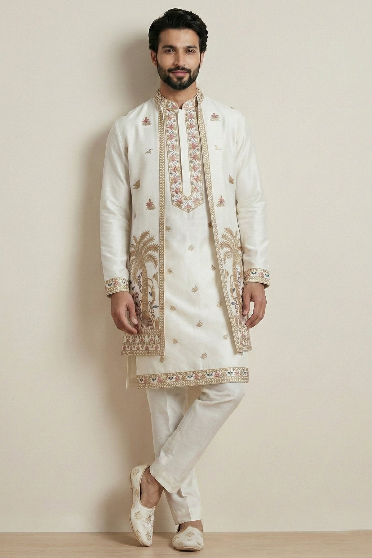 Pearl White Satin Embroidered Jacket Indo Western Set
