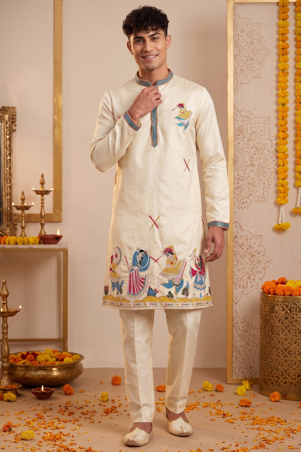 Cream Art-Silk Embroidered Kurta Pajama