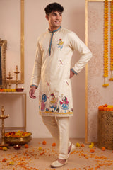Cream Art-Silk Embroidered Kurta Pajama