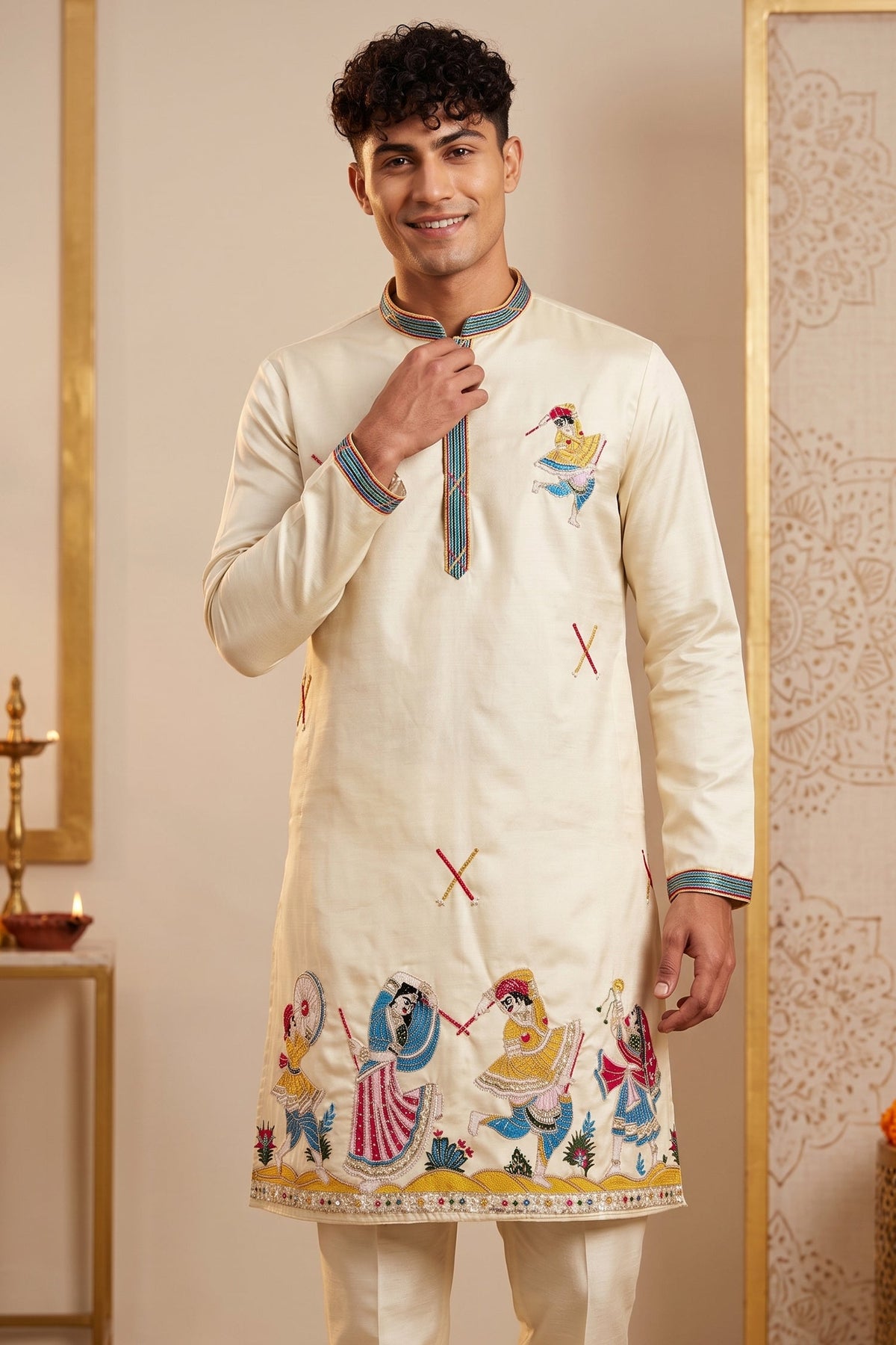 Cream Art-Silk Embroidered Kurta Pajama