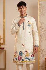 Cream Art-Silk Embroidered Kurta Pajama