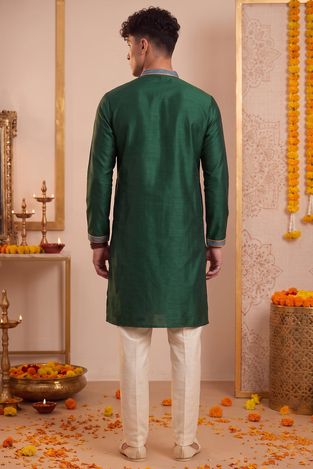 Dark Green Art-Silk Embroidered Kurta Pajama