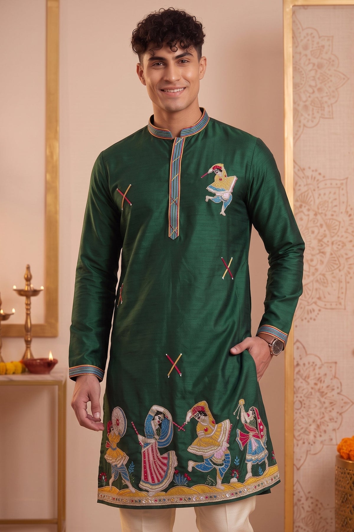 Dark Green Art-Silk Embroidered Kurta Pajama