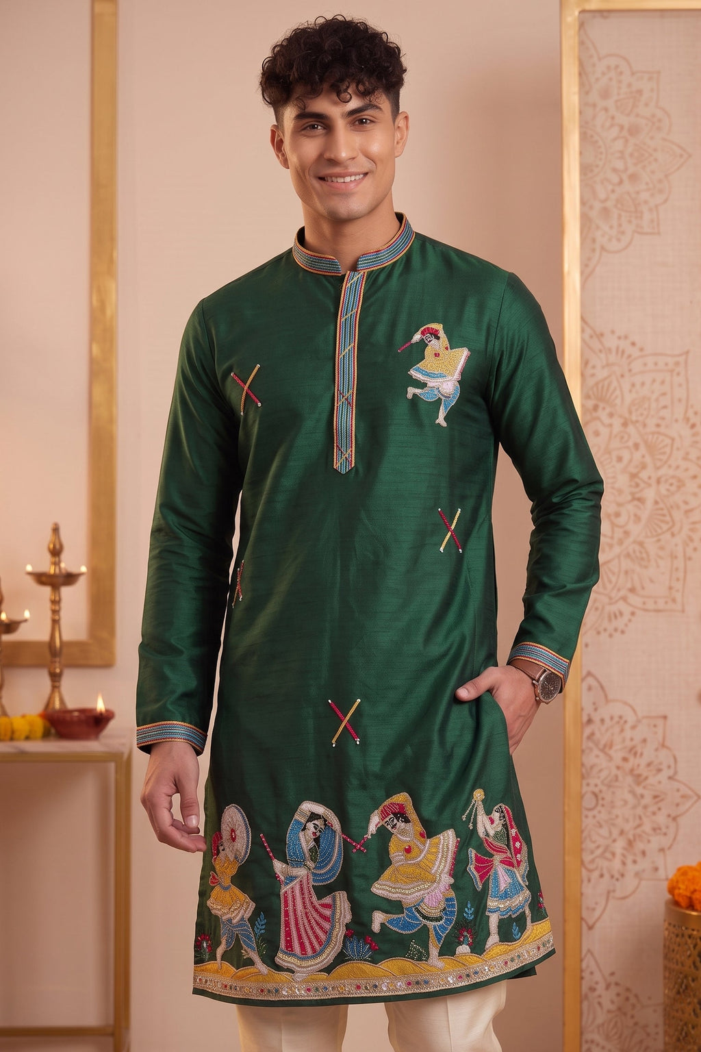Dark Green Art-Silk Embroidered Kurta Pajama