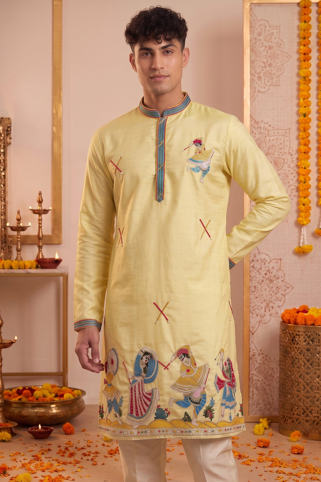 Yellow Art-Silk Embroidered Kurta Pajama