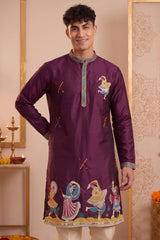 Wine Art-Silk Embroidered Kurta Pajama