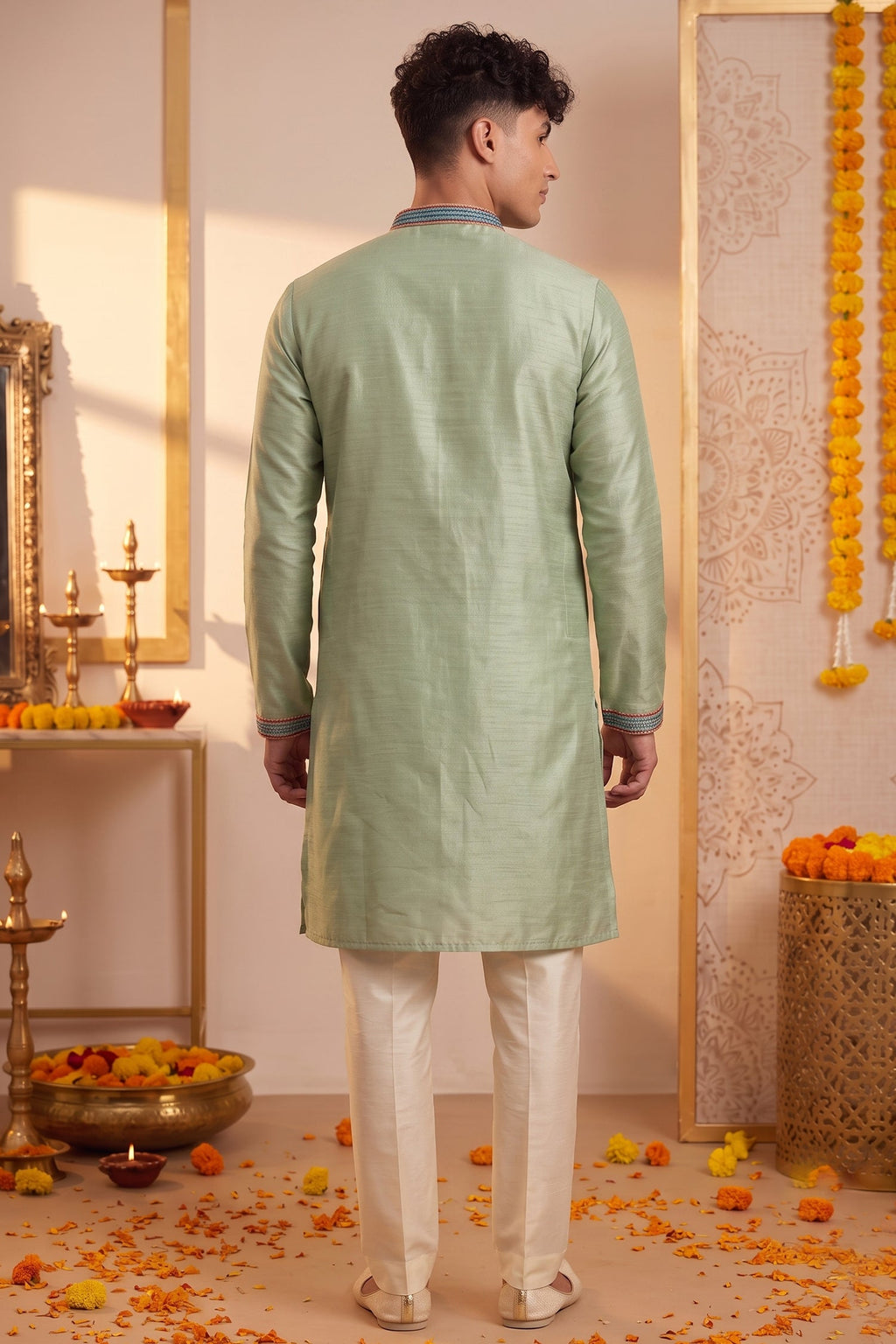 Light Mint Green Art-Silk Embroidered Kurta Pajama
