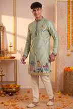 Light Mint Green Art-Silk Embroidered Kurta Pajama