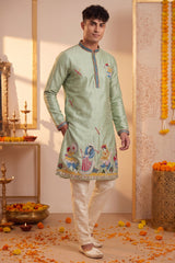 Light Mint Green Art-Silk Embroidered Kurta Pajama