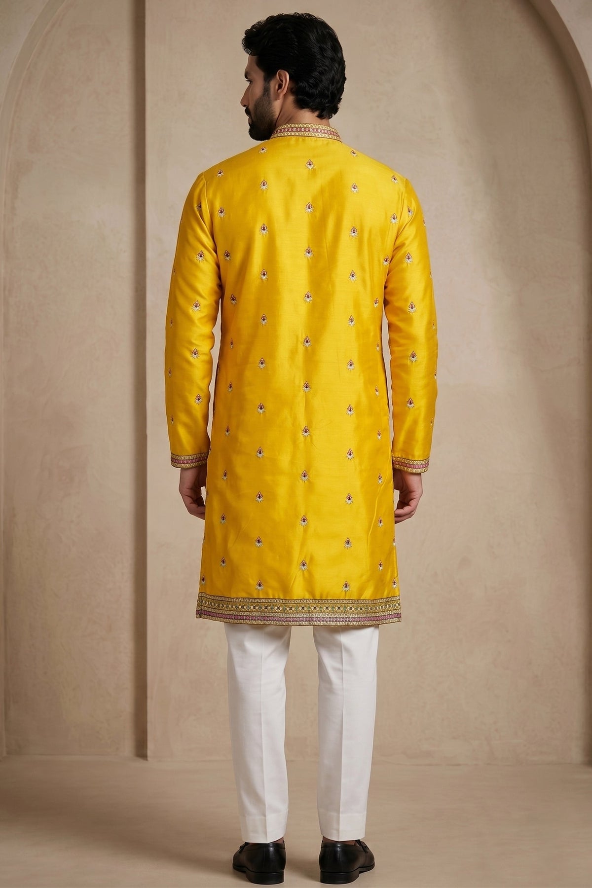 Yellow Satin Embroidered Kurta Pajama
