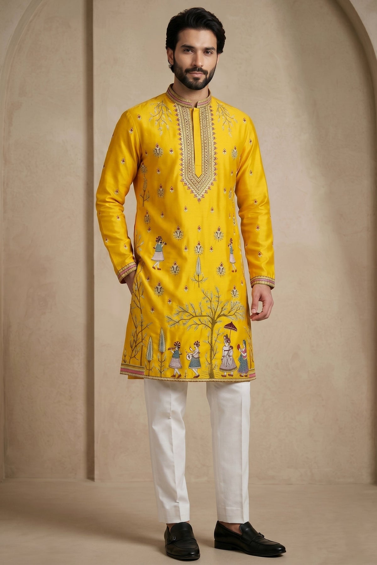 Yellow Satin Embroidered Kurta Pajama