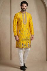 Yellow Satin Embroidered Kurta Pajama