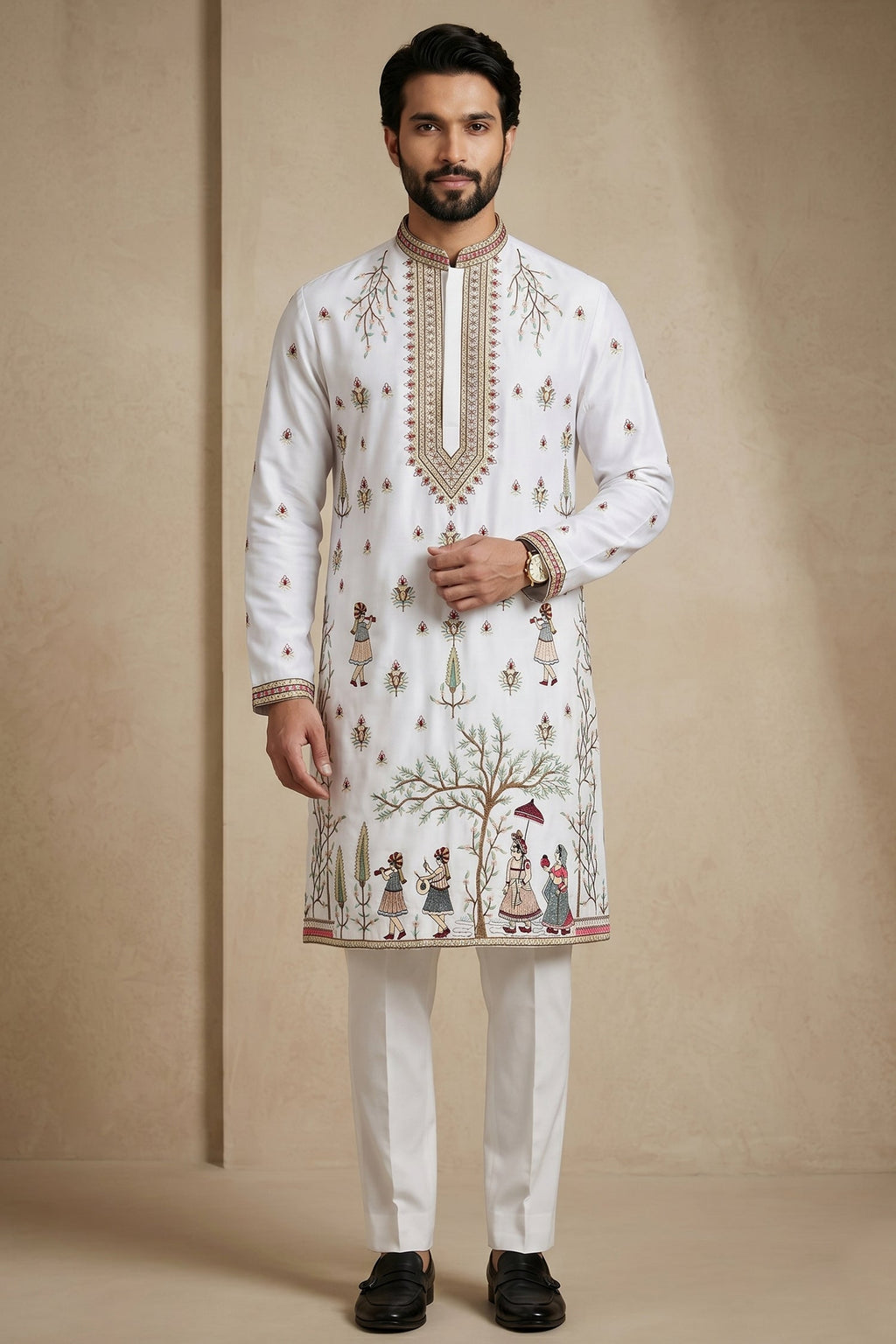 Pearl White Satin Embroidered Kurta Pajama