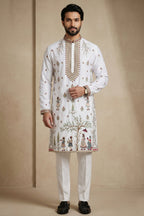 Pearl White Satin Embroidered Kurta Pajama