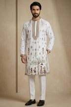 Pearl White Satin Embroidered Kurta Pajama