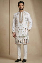 Pearl White Satin Embroidered Kurta Pajama