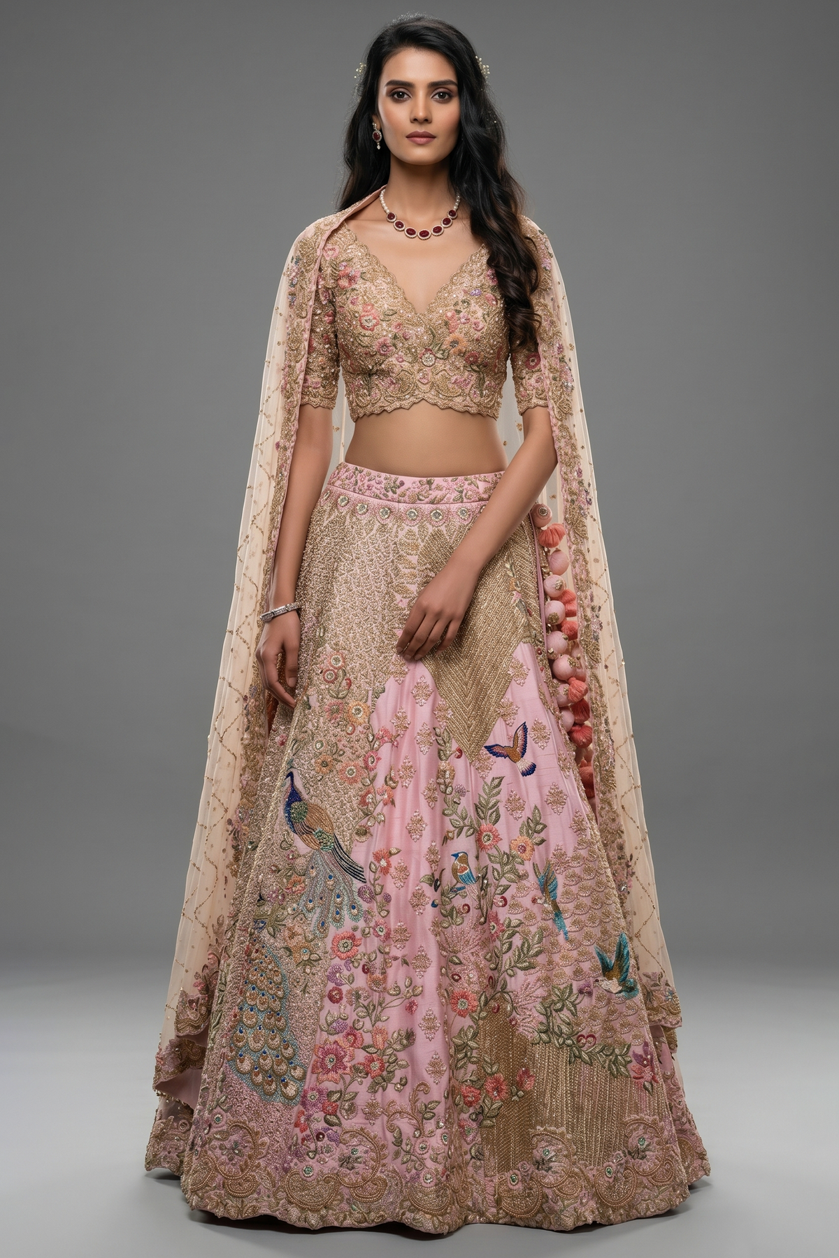 Pink Raw Silk Floral and Peacock Motifs Embroidered Lehenga