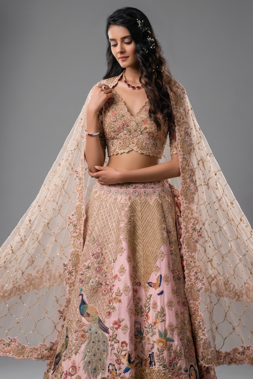 Pink Raw Silk Floral and Peacock Motifs Embroidered Lehenga