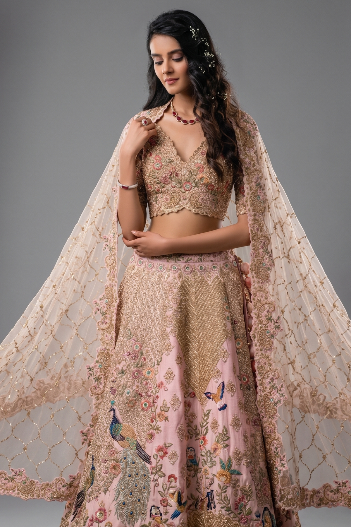Pink Raw Silk Floral and Peacock Motifs Embroidered Lehenga