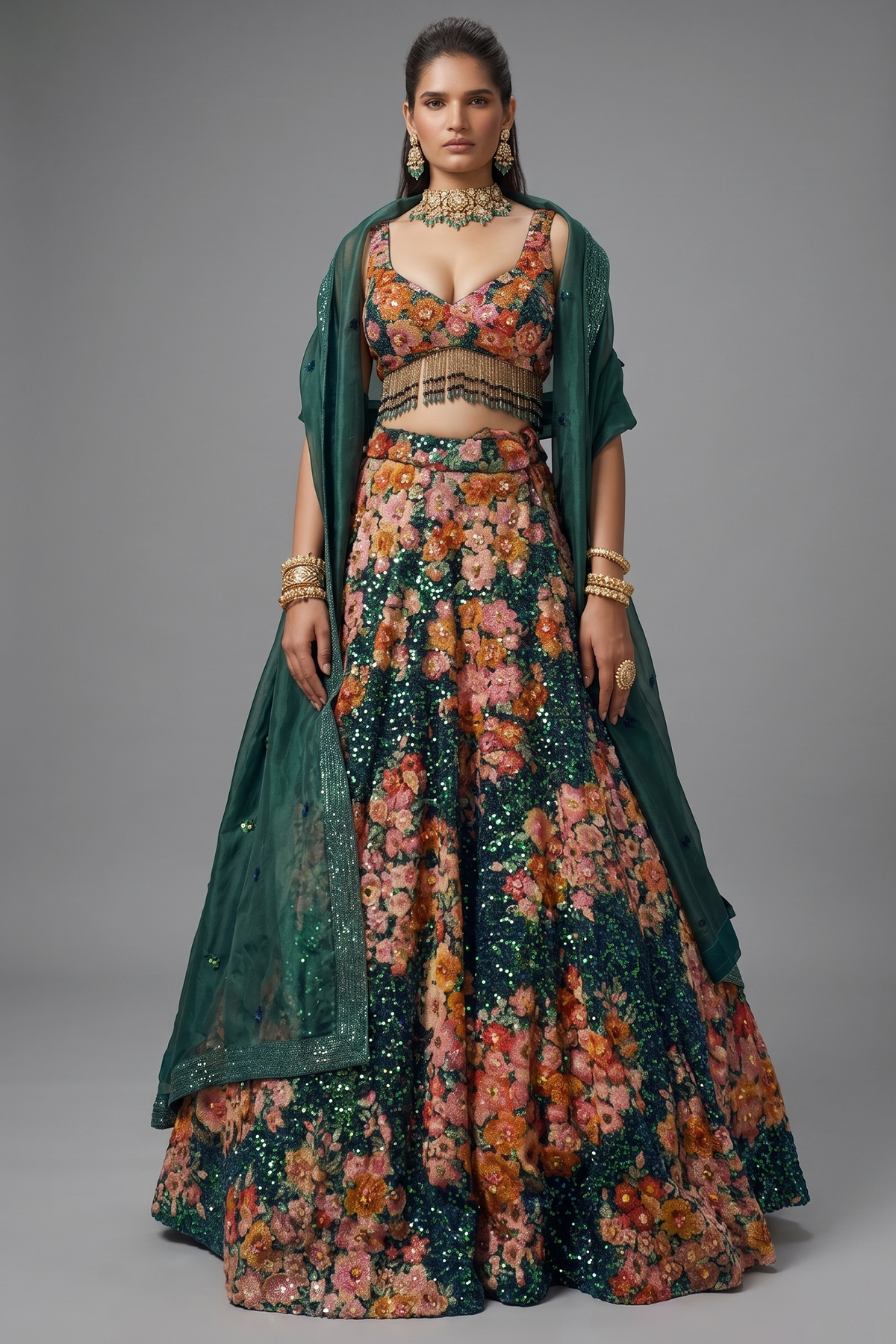 Green Velvet Designer Sequinned Lehenga