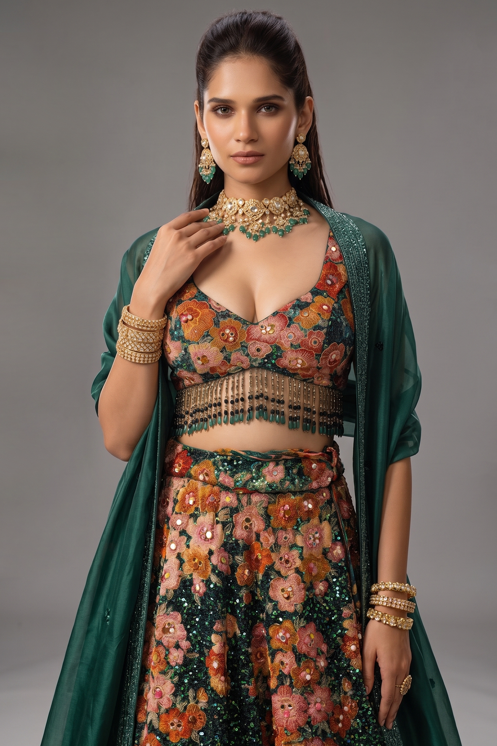 Green Velvet Designer Sequinned Lehenga