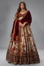 Golden Heavy Worked Lehenga in Banarasi Silk with Velvet Patch Work