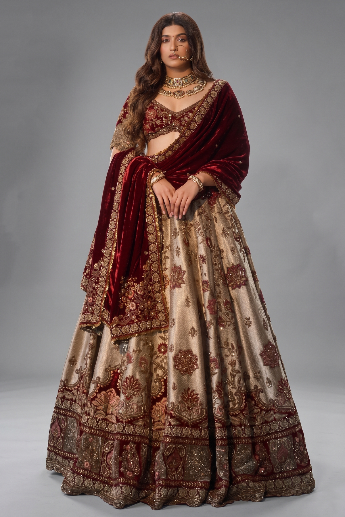 Golden Heavy Worked Lehenga in Banarasi Silk with Velvet Patch Work