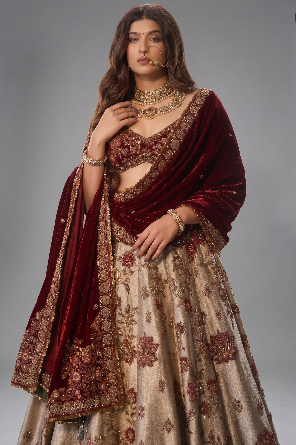Golden Heavy Worked Lehenga in Banarasi Silk with Velvet Patch Work