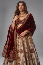 Golden Heavy Worked Lehenga in Banarasi Silk with Velvet Patch Work