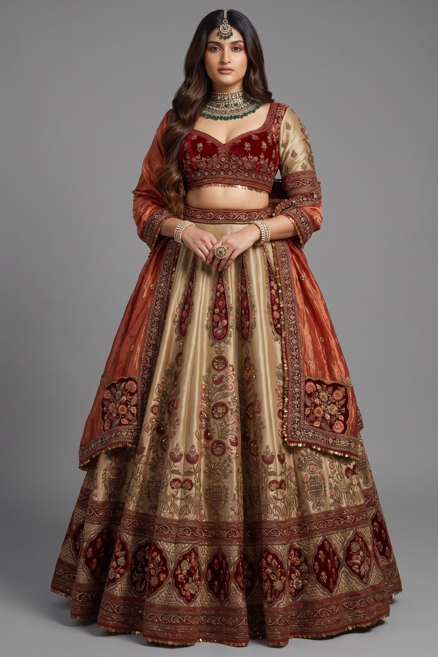 Golden Designer Velvet Patch Work Lehenga in Banarasi Silk with Zardosi