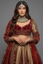 Golden Designer Velvet Patch Work Lehenga in Banarasi Silk with Zardosi