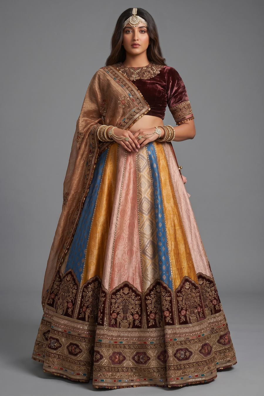 Banarasi Silk Woven Multi Colored Lehenga with Velvet Patch Work On Border