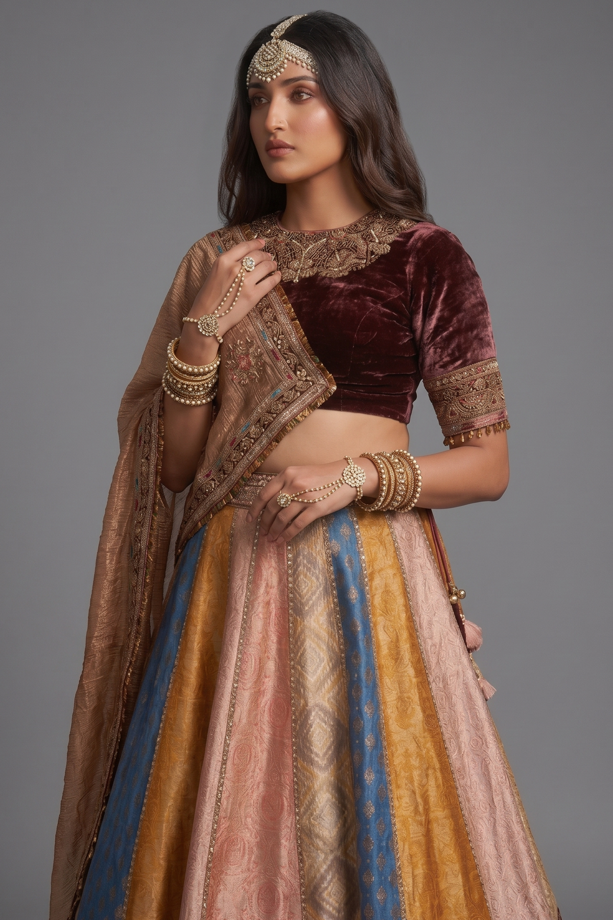 Banarasi Silk Woven Multi Colored Lehenga with Velvet Patch Work On Border
