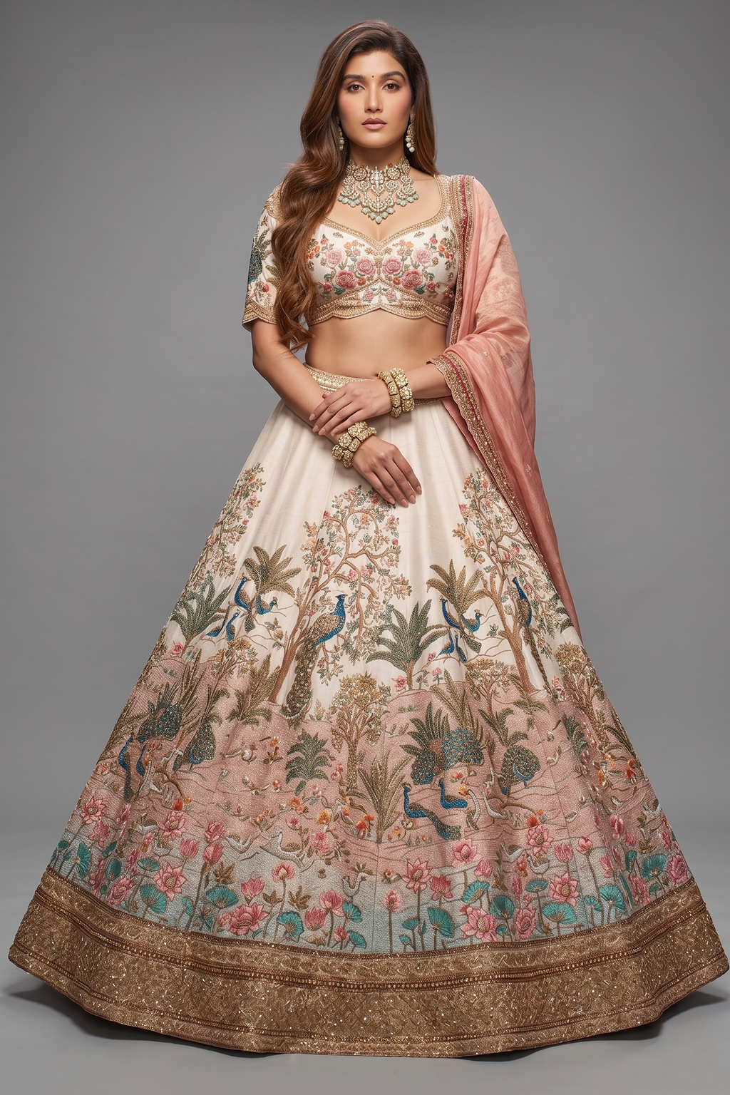 Light Pink Bridal Heavy Work Lehenga in Raw Silk with Zardosi