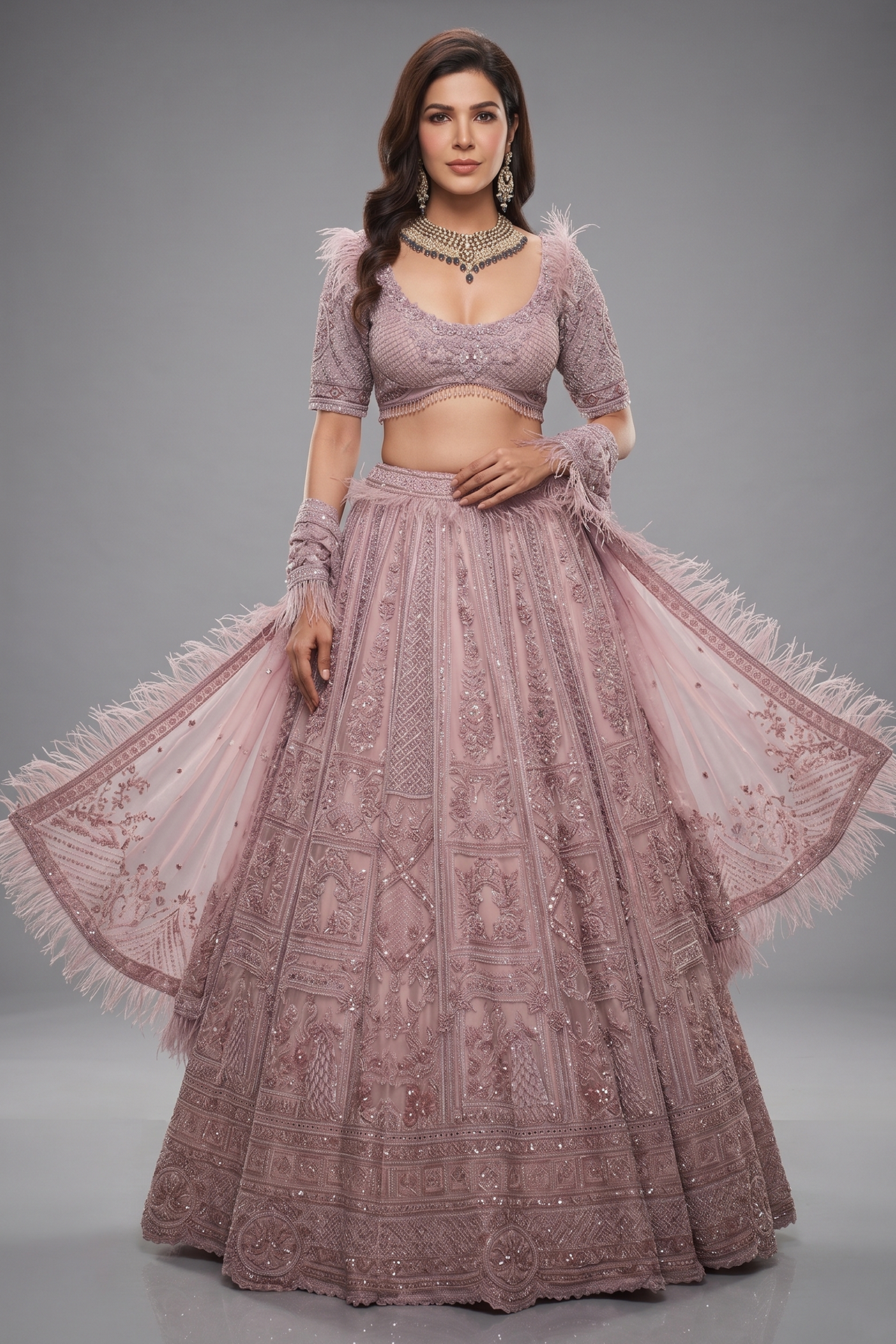 Pink Designer Heavy Bead and Sequin Work Lehenga Choli in Organza
