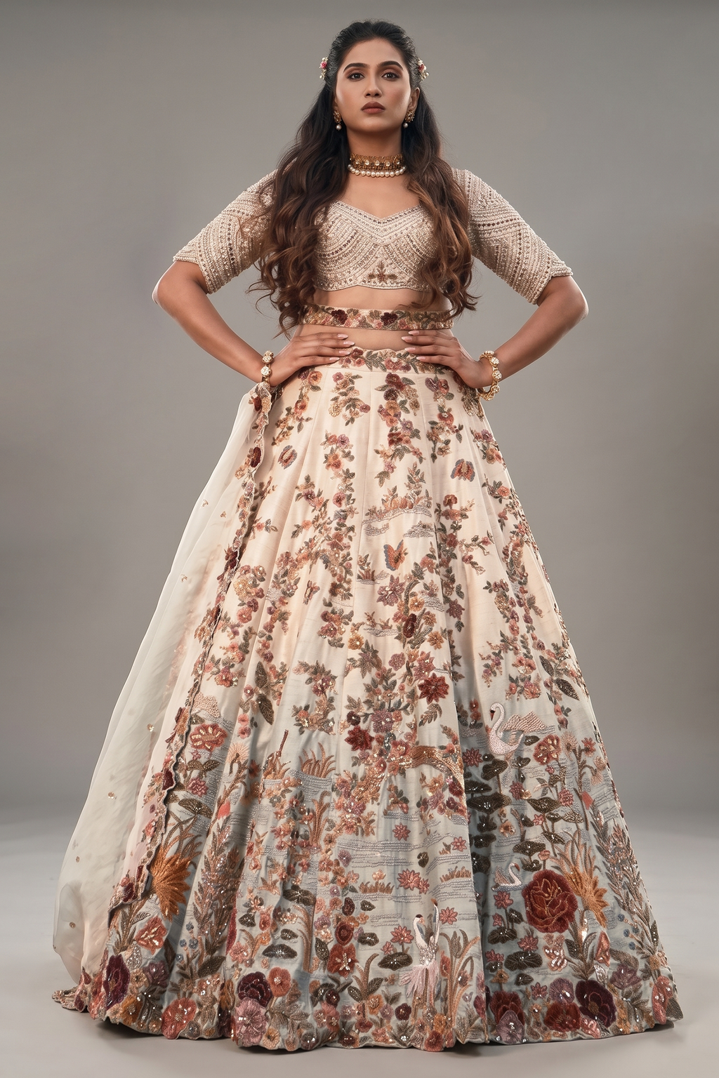 Off White and Sky Blue Heavy Work Bridal Lehenga in Raw Silk with Floral and Bird Motifs