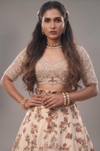 Off White and Sky Blue Heavy Work Bridal Lehenga in Raw Silk with Floral and Bird Motifs