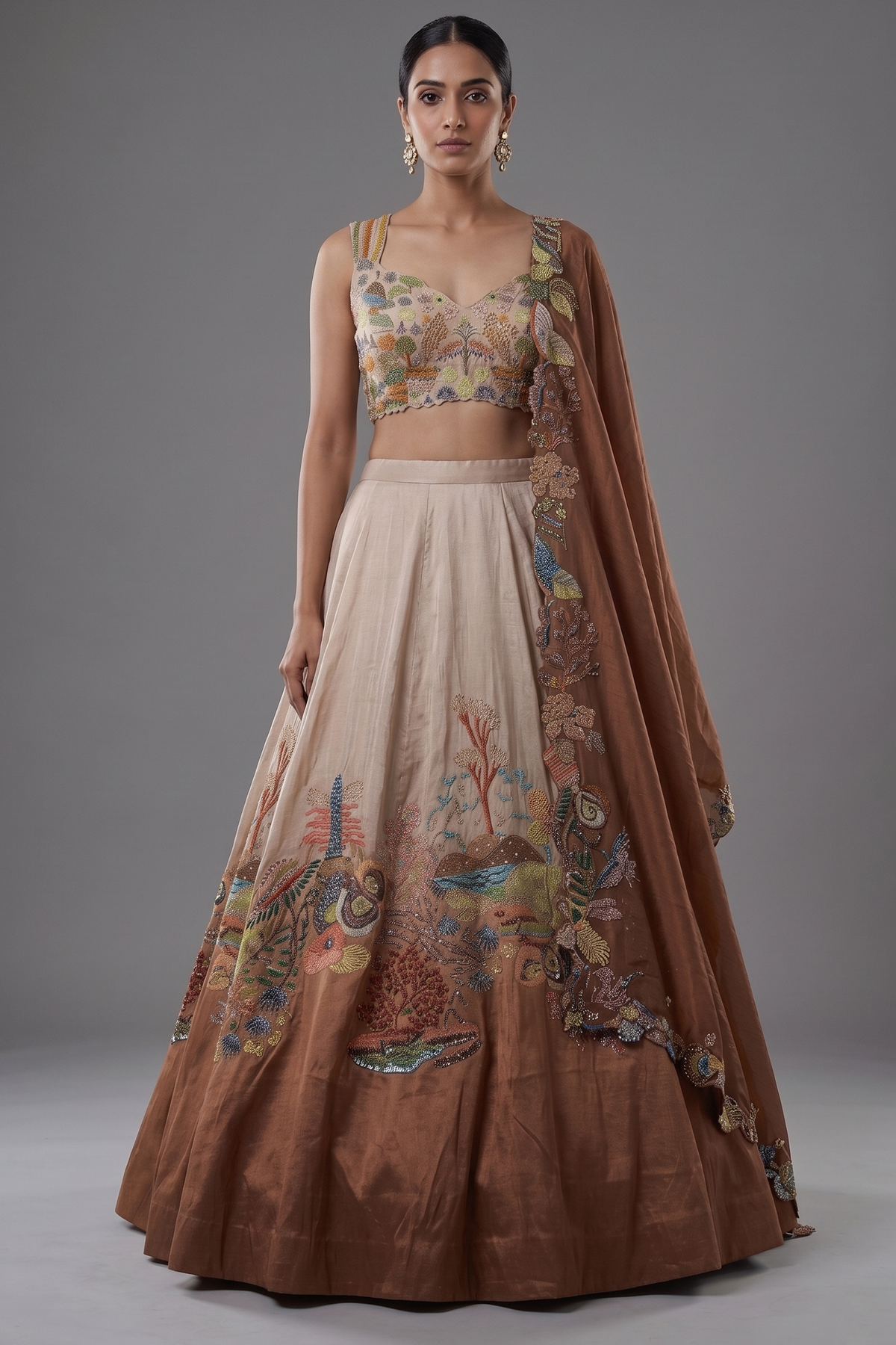 Beige and Mustard Lehenga with Embroidery and Cutdana Work in Silk