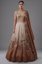 Beige and Mustard Lehenga with Embroidery and Cutdana Work in Silk