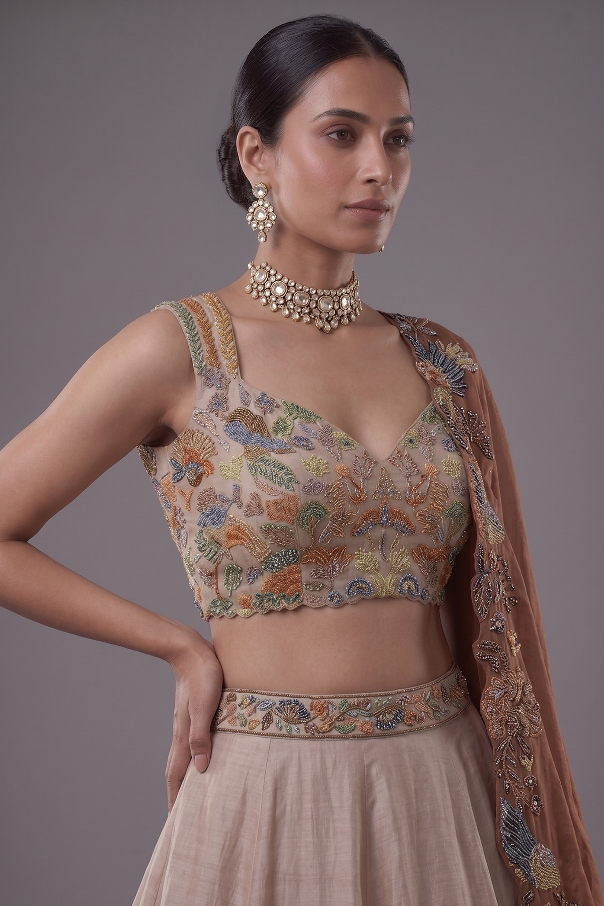 Beige and Mustard Lehenga with Embroidery and Cutdana Work in Silk