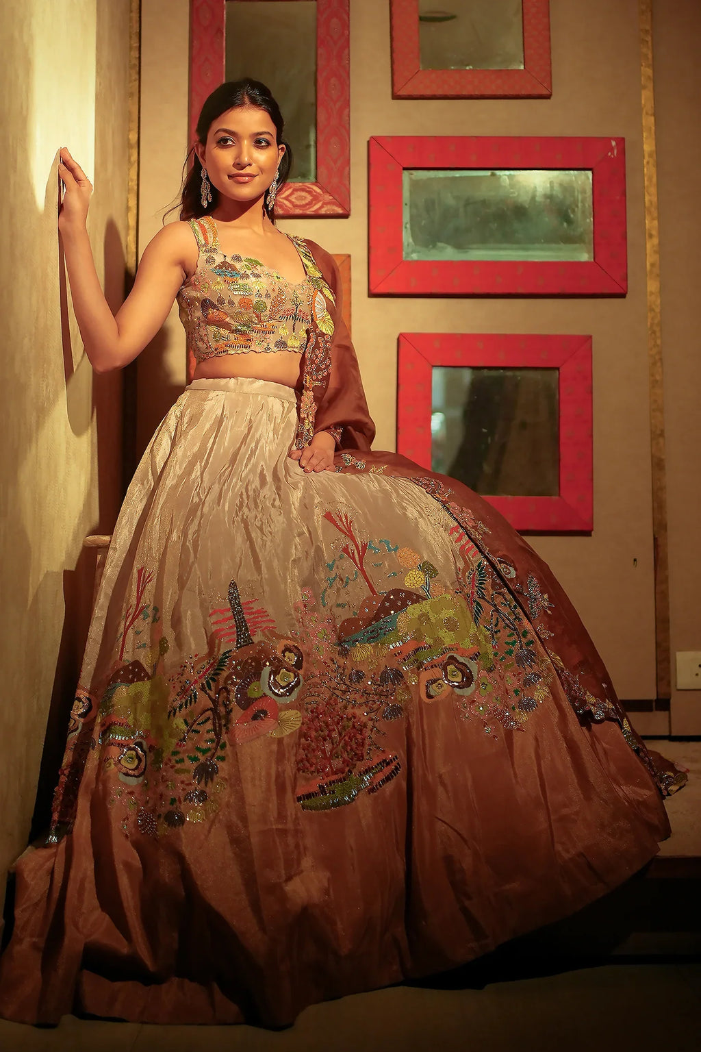 Beige and Mustard Lehenga with Embroidery and Cutdana Work in Silk