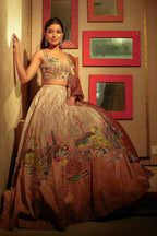 Beige and Mustard Lehenga with Embroidery and Cutdana Work in Silk
